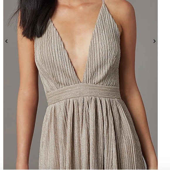 MAUVE NUDE LONG GLITTER-KNIT V-NECK PROM DRESS - Picture 2 of 3